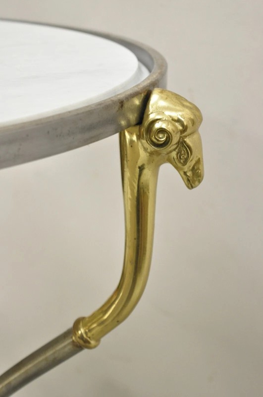 Italian Neoclassical Brass Rams Head Round Marble Steel Gueridon Side Table gallery
