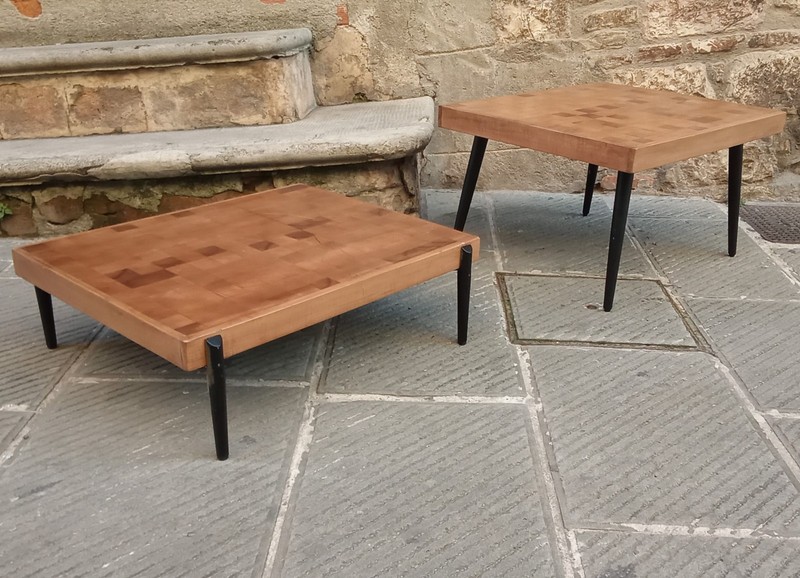 Vintage Mid Century Pair Coffee Table Gio Ponti style Wood Top Italy 1955s gallery