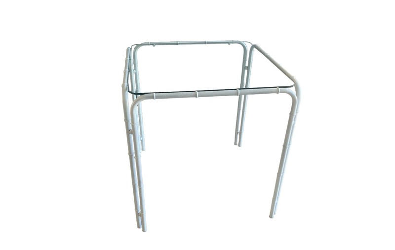 Hollywood Regency 1960’s Metal Faux Bamboo Glass Top Side Table White