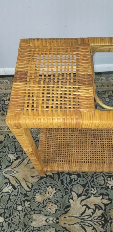 Vintage Bamboo Rattan Console Table Mid-Century Glass Parsons Table gallery