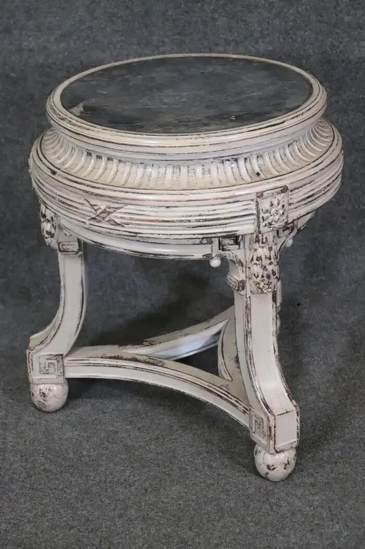 French Regency Style Distressed Finished Marble Top Round End Table Pedestal gallery
