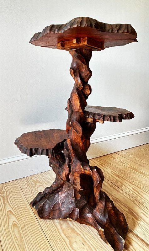 Vtg Large 34" H MCM Japanese Tree Root 3 Tier Hand Carved Wood Side Table/Stand gallery