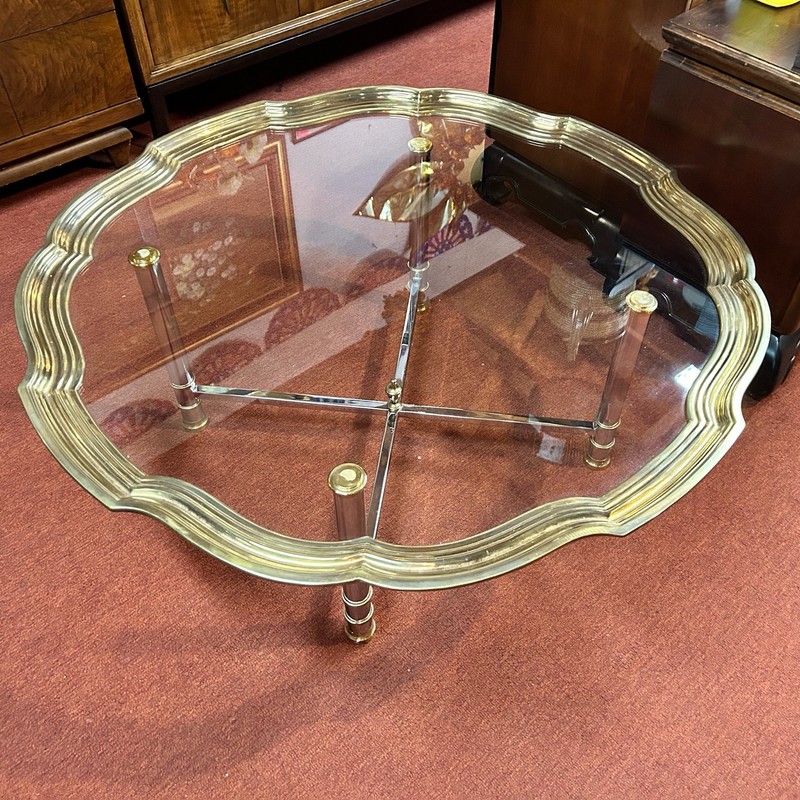 Vintage Maison Jansen Style Steel & Brass Scalloped Glass Tray Top Coffee Table
