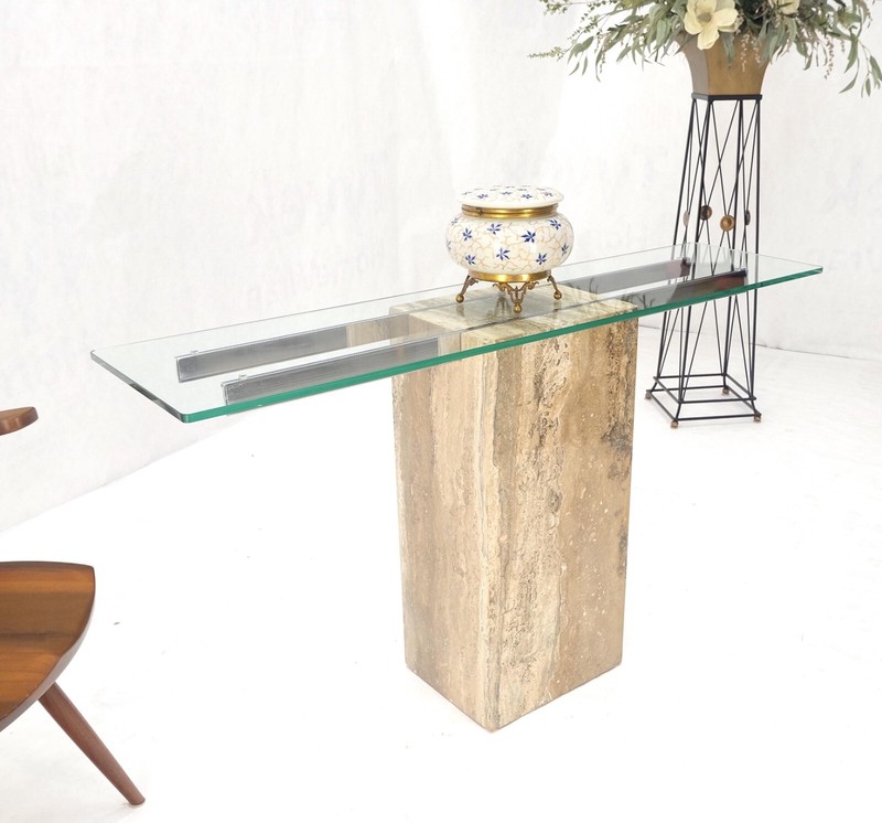 Single Travertine Pedestal Glass Top Italian Modern Sofa Console Table MINT! gallery