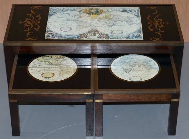 STUNNING COFFEE & SIDE TABLE NEST OF TABLES MILITARY CAMPAIGN WITH WORLD MAPS gallery