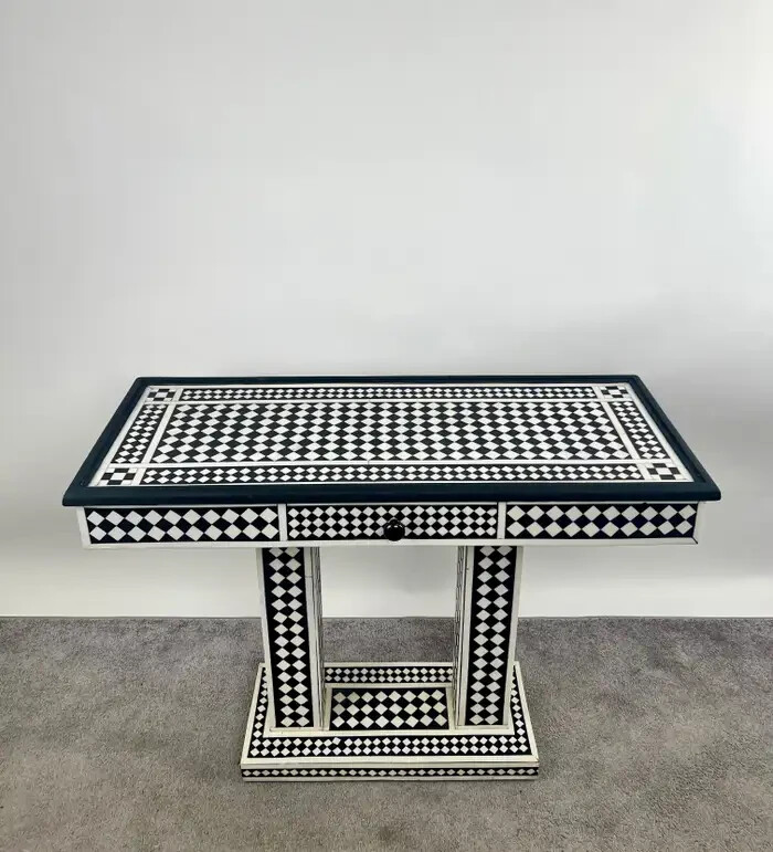 Art Deco Style Black & White Resin Console Table in Diamond Pattern gallery