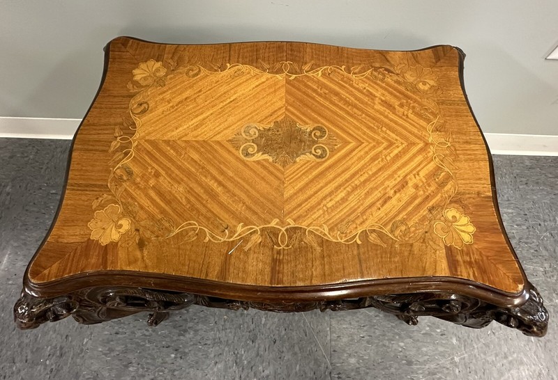 Antique French Figural Carved Walnut Satinwood Marquetry Inlay Low Table C1900 gallery