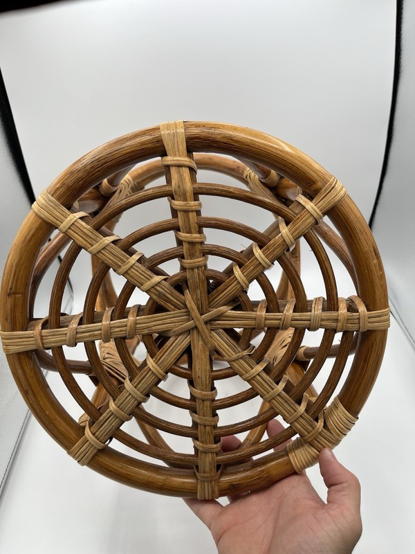 Vintage MCM Boho Chic Bamboo Rattan Round Table Stool Coastal Tiki Plant Stand gallery