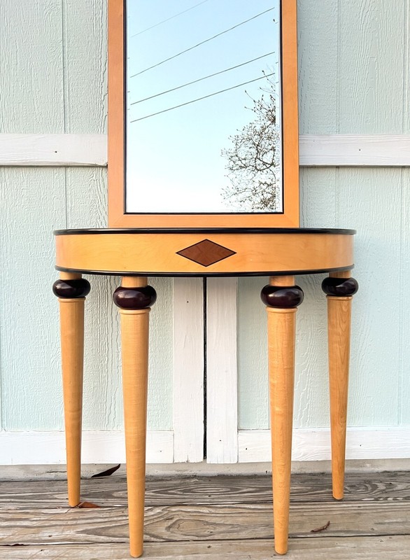 Bombay Company Art Deco Style Birch & Mahogany Demilune Console Table w/ Mirror gallery