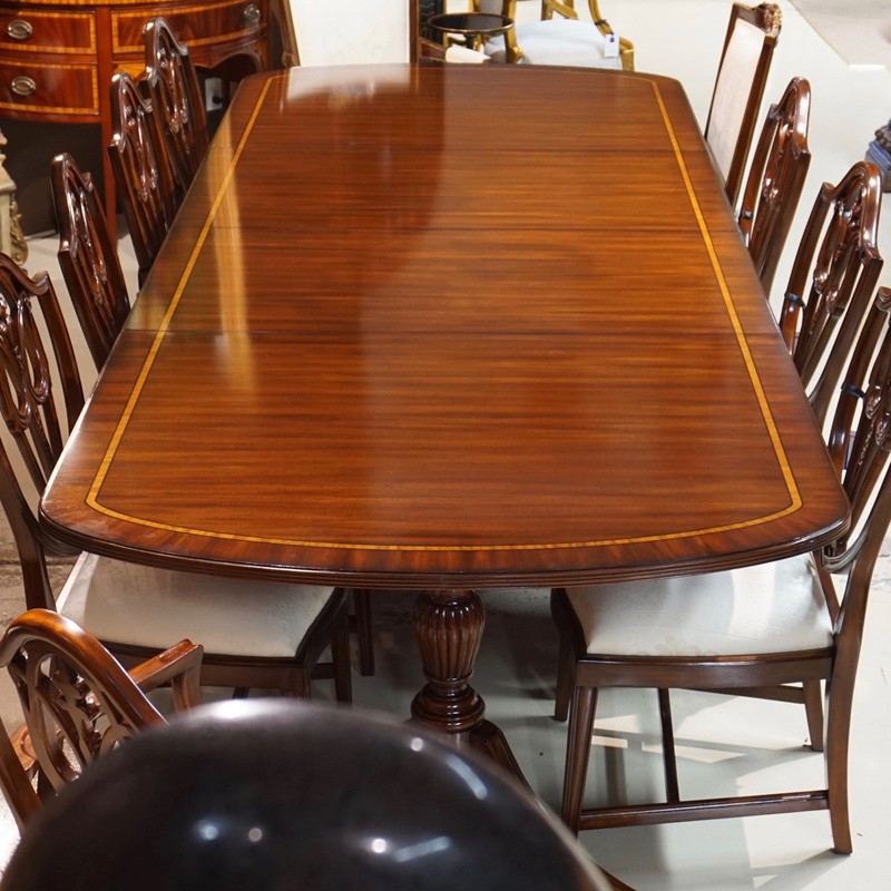 10' Duncan Phyfe traditional mahogany 2 pedestal formal dining table gallery