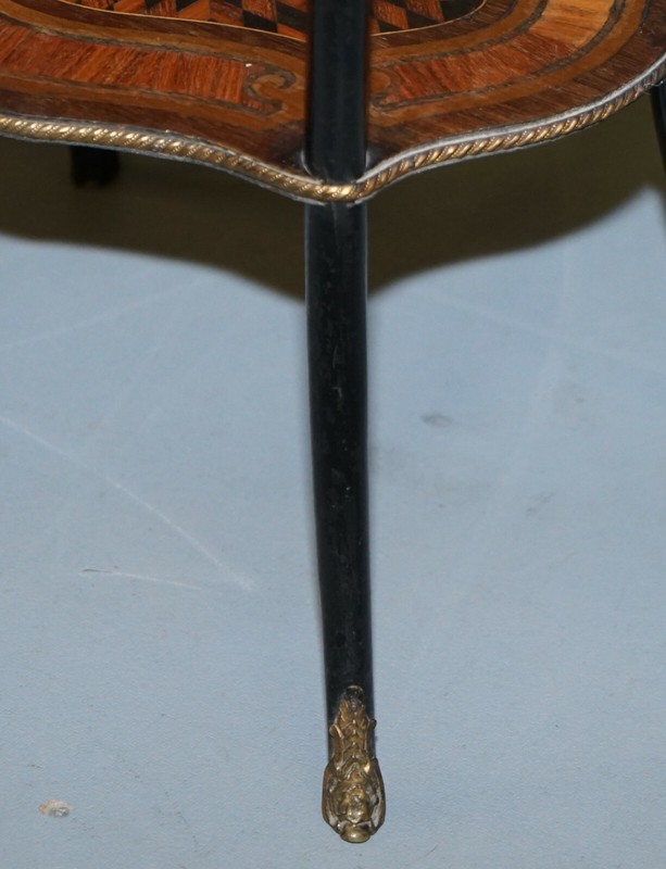 NAPOLEON III BRASS GALLERY FRUITWOOD EBONISED & INLAID THREE TIRED SIDE TABLE gallery