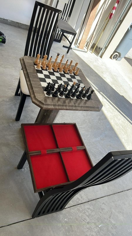 Vintage, Bespoke Marble Chess Table with Game Pieces & Chairs Included