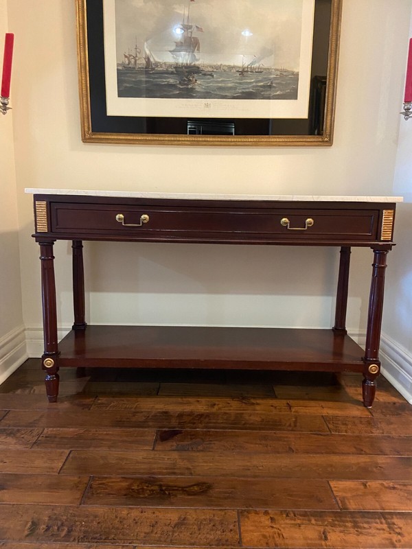 Vintage Wood Console Table with Marble Top, Gold Leaf Paint and Brass Accents