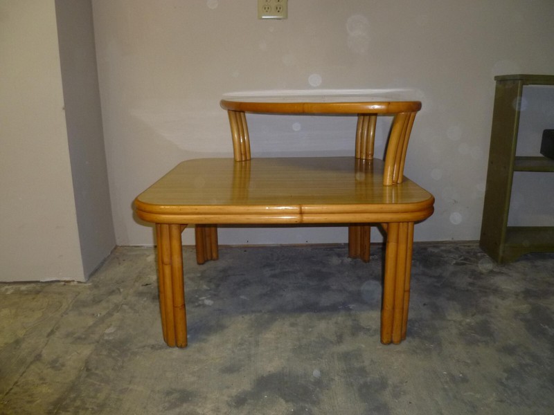 1950s TIERED THICK BAMBOO CORNER TABLE WITH LAMINATE TOP gallery