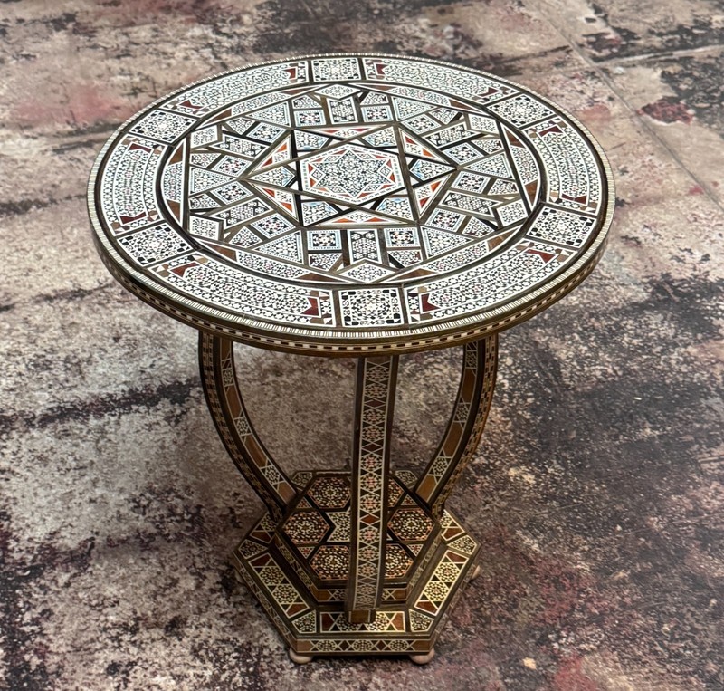 Outstanding Middle Eastern Handcrafted Round Side Table with Geometric Inlay gallery