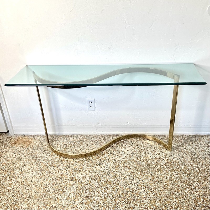 Vintage Mid-Century Hollywood Regency Glass & Brass Clear & Gold Console Table gallery