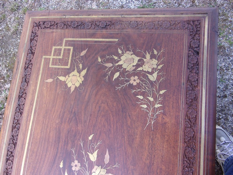 VINTAGE EARLY 20th CENTURY BRASS INLAID CARVED WOOD COFFEE TABLE gallery