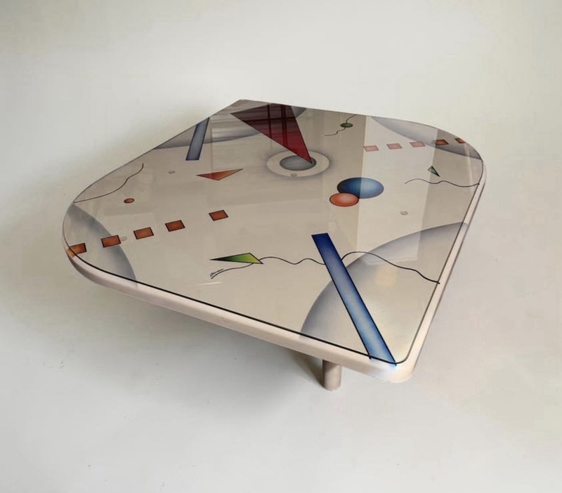 Artist Original Postmodern Memphis-Style Graphic Laquer And Glass Coffee Table