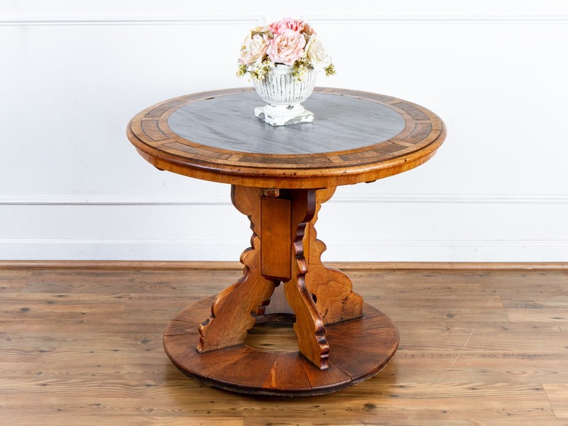 Antique 17th Century German Baroque Marble Top Round Center Table.