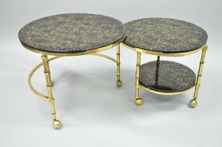 Hollywood Regency Brass & Glass Faux Bamboo Round Nesting Side Coffee Table gallery
