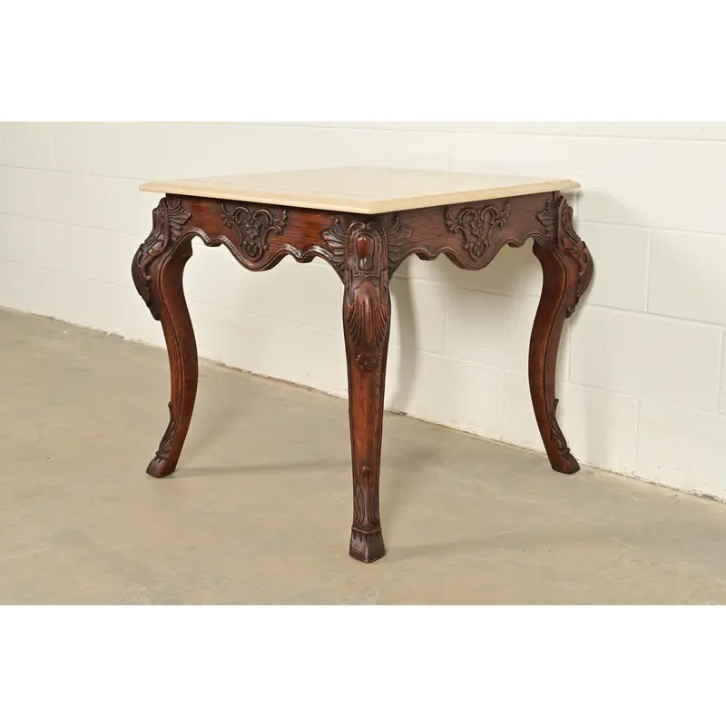 Ralph Lauren French Rococo Louis XV Carved Oak Marble Top Tea Table