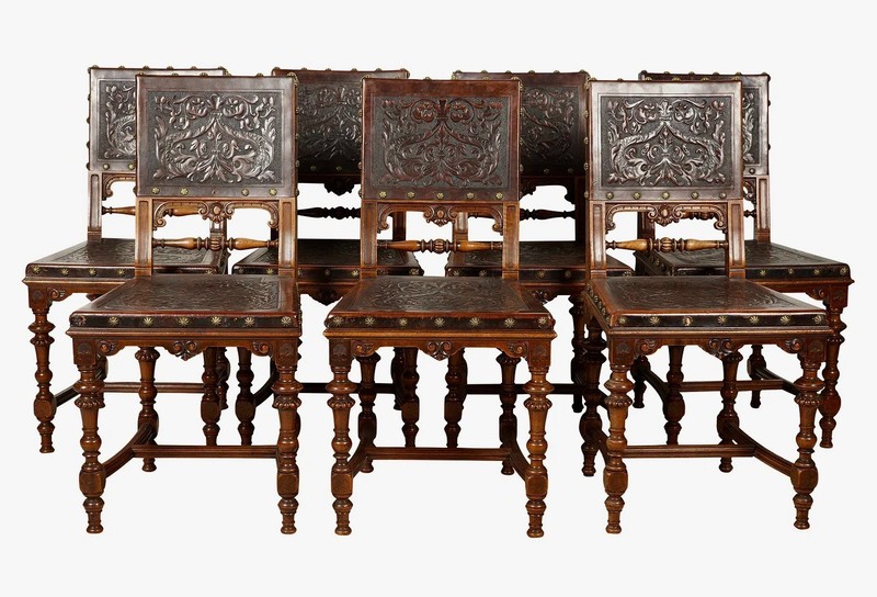 Spanish Revival Leather Embossed Carved Dining Chairs-Set of 6