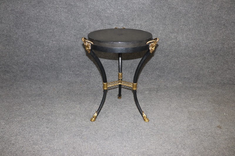 Hollywood Regency Style Leather Top Metal And Brass Rams head end Table