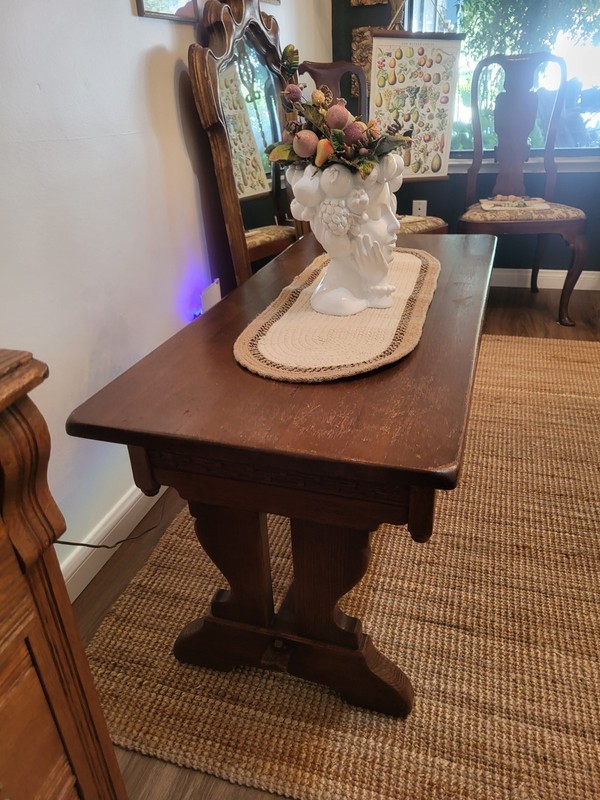 Antique 1910 Tressle Coffee Table Carved Oak Center Drawer W/ Sides Open Space gallery