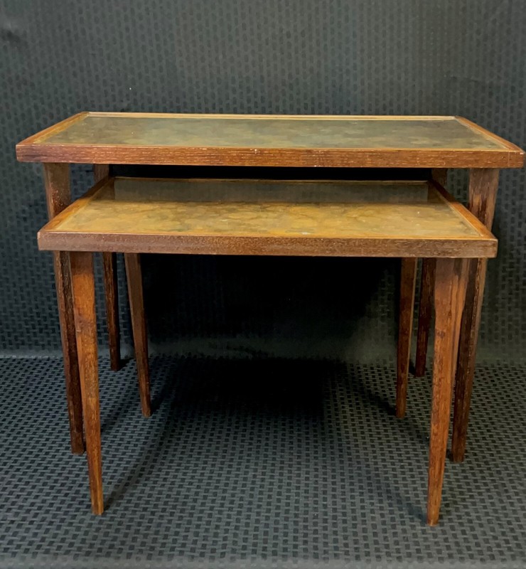 MCM Hollywood Regency Gold Agate Laminate top wood stacking tables Vintage RARE gallery