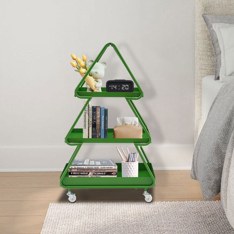 Iron Side Table White Tree-shaped End Table w/4 Universal Wheels for Living Room