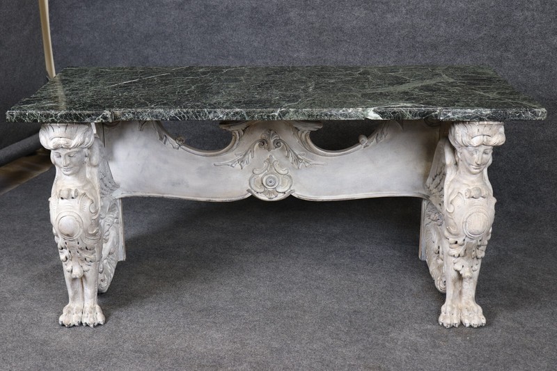Stunning Monumental Figural Female Sphinx Carved Base Verdi Marble Console Table gallery