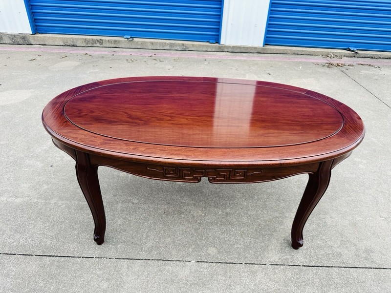 Beautiful Mid Century Modern Chinese Solid Rosewood Oval Carved Coffee Table gallery