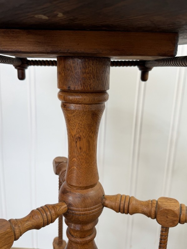 Antique Oak Round Accent Table with Turned Spool Tripod Base Plant Stand gallery