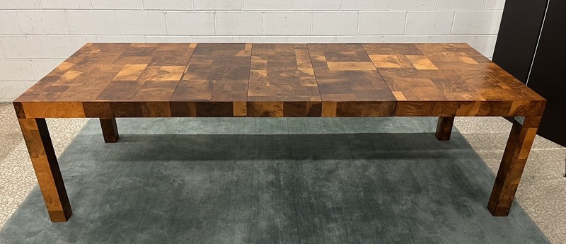 Paul Evans Mid-Century 105" Patchwork Burlwood Veneer Dining Table; 3 Leaves gallery