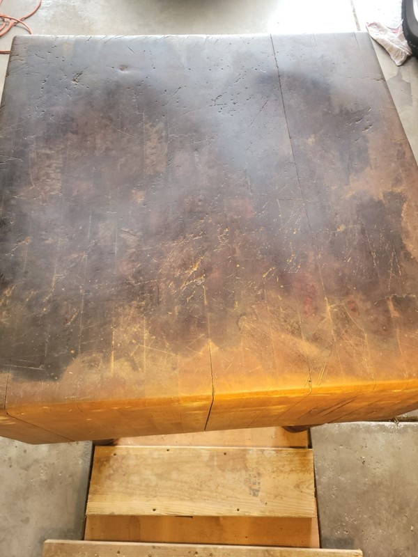Old Butcher Block Farm Kitchen Table large heavy 30'' square Michigan Maple Co? gallery