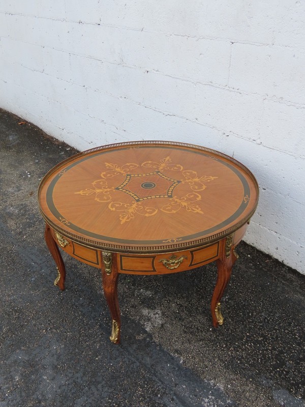 French Inlay Round Coffee Table with Brass Apron 6349 gallery