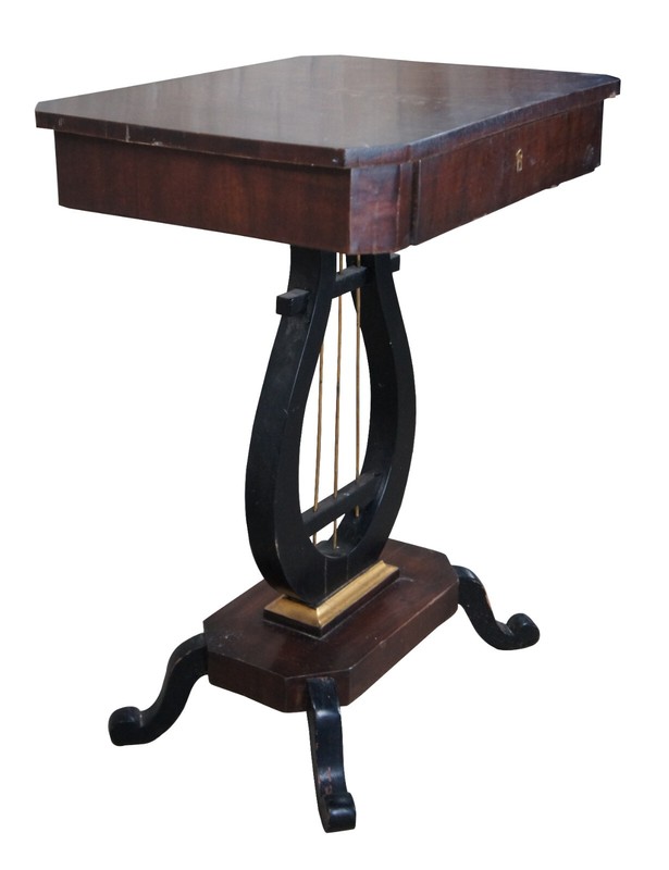 Antique Duncan Phyfe Style Crotch Mahogany & Ebony Lyre Pedestal Sewing Table gallery
