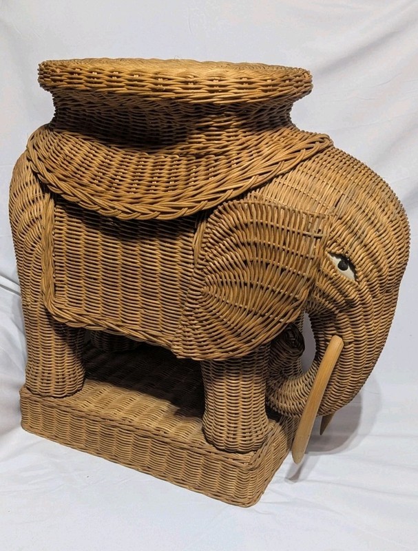 Vintage Boho Wicker Rattan Elephant Side Table Style of Mario Lopez Torres 1970s