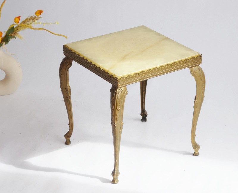 Vintage Neoclassical French Table with Brass and Onyx, Ornate Square Plant Stand