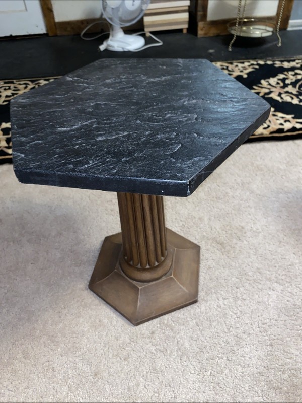 MCM Vintage Italian Black Marble Top Round End Table On Engraved Wood Stand
