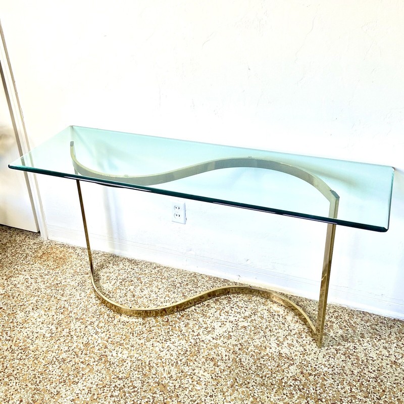 Vintage Mid-Century Hollywood Regency Glass & Brass Clear & Gold Console Table