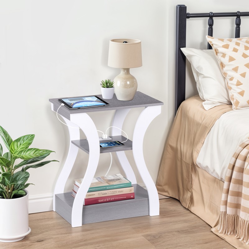 End Table Living Room with Charging Station and USB Ports Sofa Side Table Gray