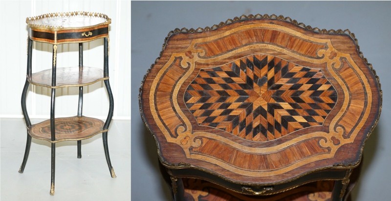 NAPOLEON III BRASS GALLERY FRUITWOOD EBONISED & INLAID THREE TIRED SIDE TABLE gallery