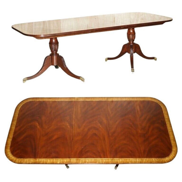 Flamed Mahogany & Walnut Based Tripod Extending Dining Table Brass Castors