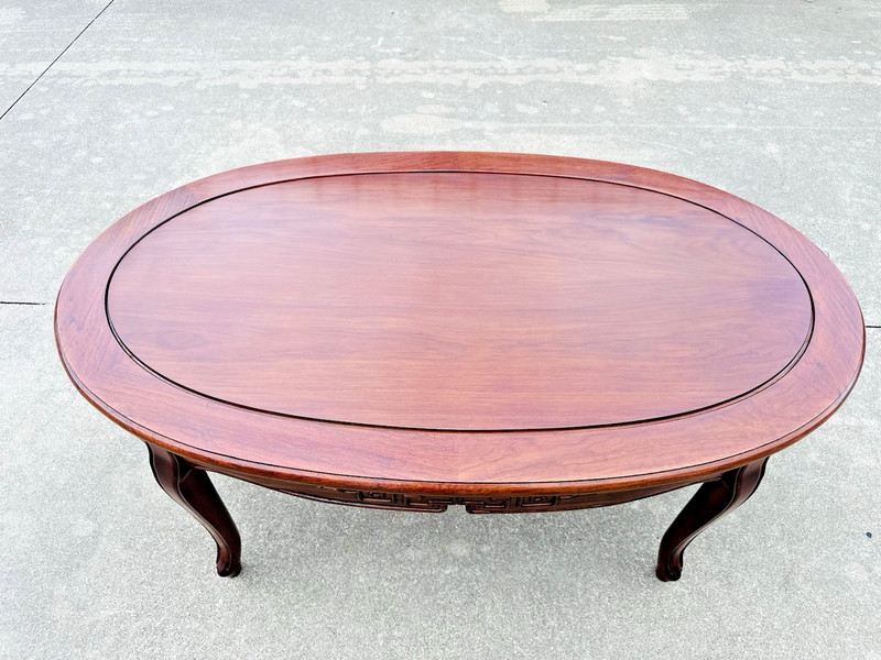Beautiful Mid Century Modern Chinese Solid Rosewood Oval Carved Coffee Table gallery