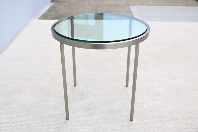 Mid-Century Modern Milo Baughman Round Glass and Stainless Steel Side End Table gallery