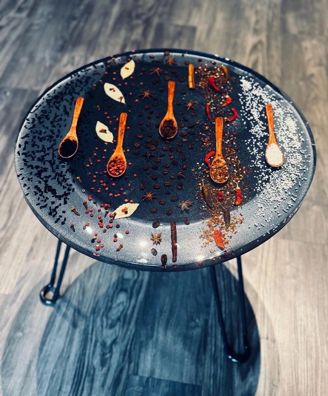 Epoxy Resin Tea Table – Handmade with Herbs, Spice and Wooden Detail — 19,7in