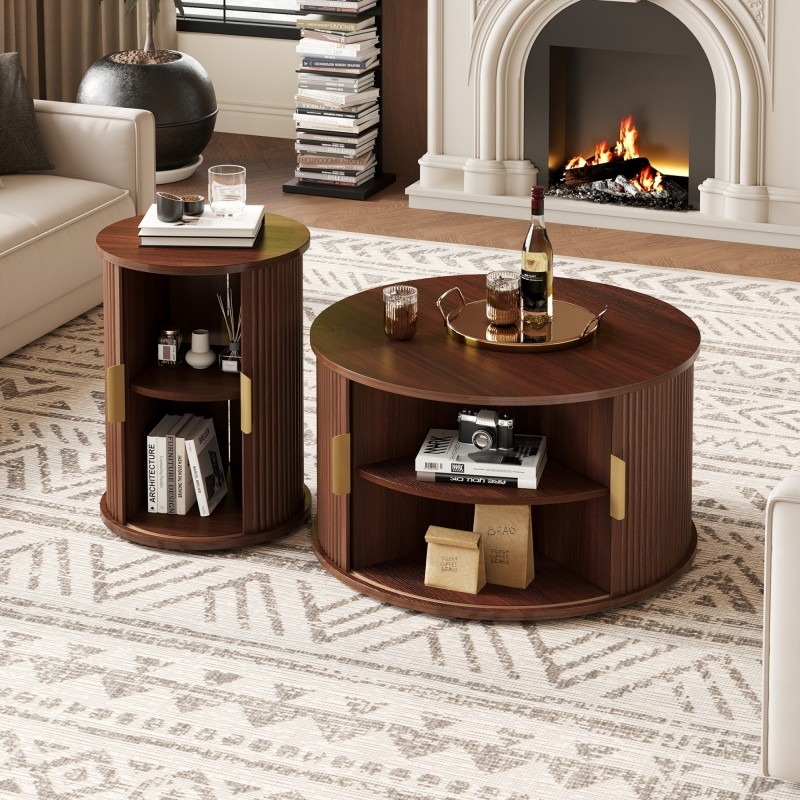 Mid Century Walnut Coffee Table with Sliding Tambour Doors Storage Modern 71