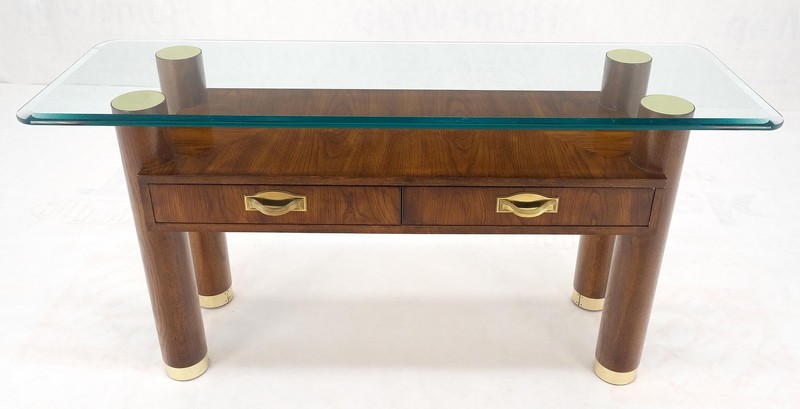 Heavy Solid Oak Cylinder Legs Brass Tips Hardware Two Drawers Console Table MINT gallery