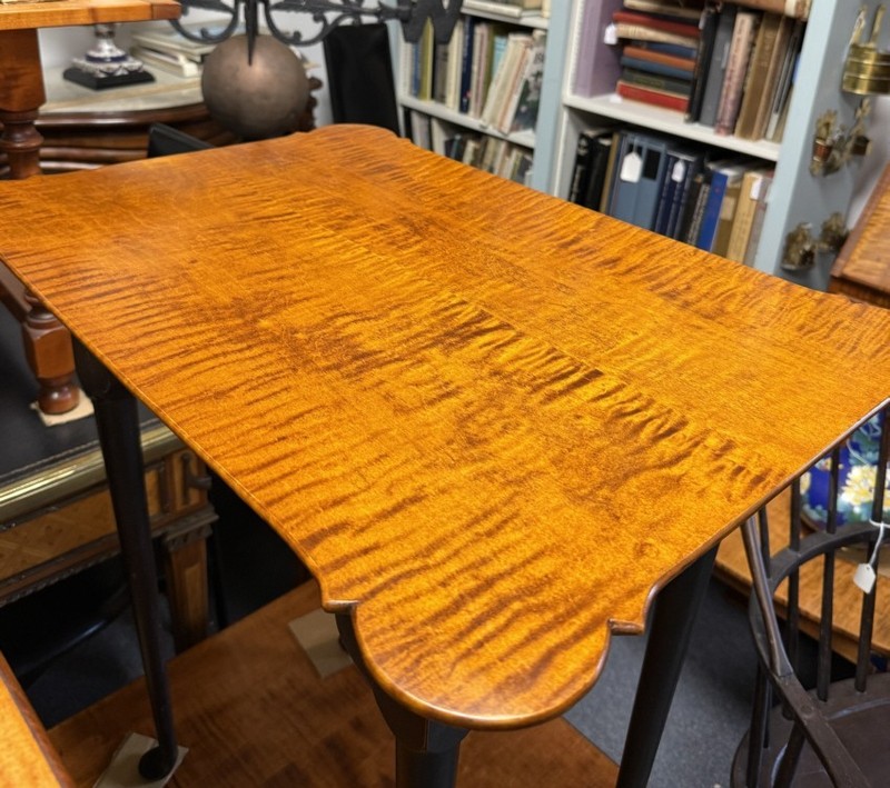 D. R. Dimes tiger maple table with crackle black base in the Queen Anne style gallery